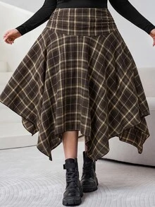 SHEIN CURVE+ New Plus Size High Waist Pleated Asymmetric Hem Skirt Autumn Commuting Date, Winter 2026 22W - Brown - View 4