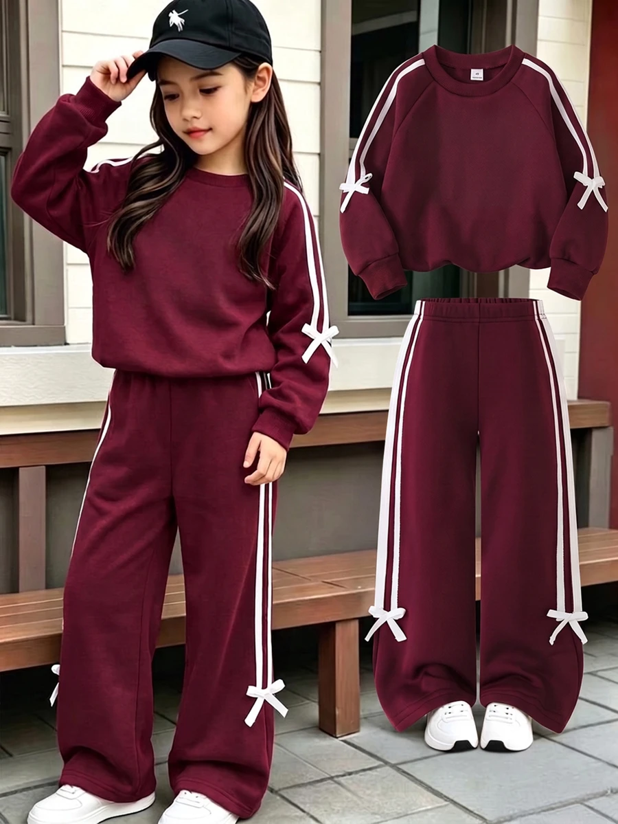 SHEIN 女童 (小號) 2件套運動衫套裝,圓領長袖運動衫;同色寬腿褲。甜美酷帥運動風,簡約又不失少女感,適合學校、短途旅行、戶外拍照、拜訪親友、派對穿著。 - 酒紅色 - 查看 1