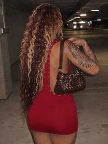 Amplova 女款黑色交叉露背迷你洋裝，露背純色搭配銀箔裝飾，夏季 Techno Club Rave 音樂節夏日洋裝 - 酒紅色 - 查看 1
