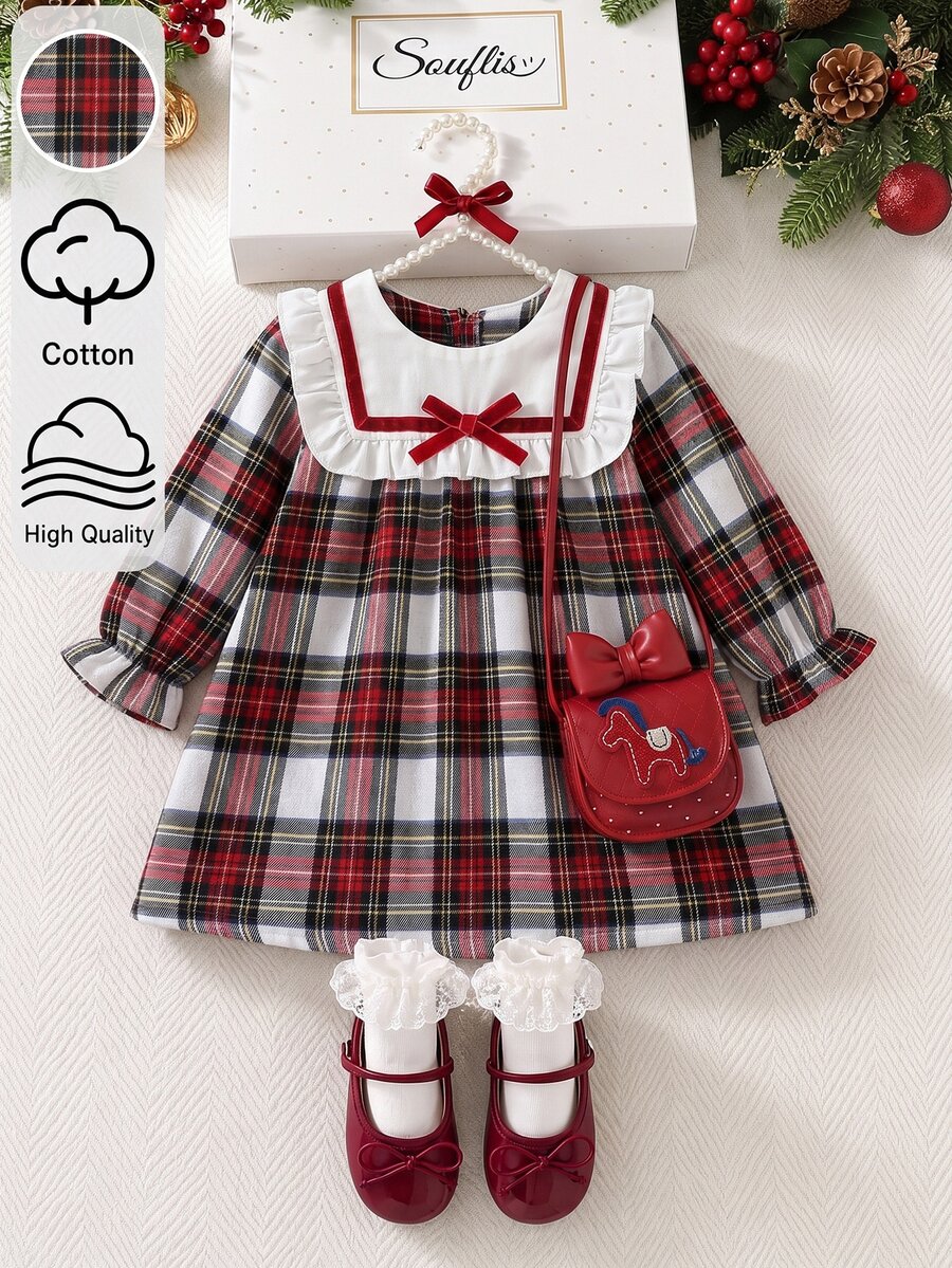Souflis 1pc Toddler Girls Red Plaid Long Sleeve Doll Dress, Elegant Party Outfit, Holiday Clothing, 6 Months - 3 Years, Autumn Dress - Red and White - View 1