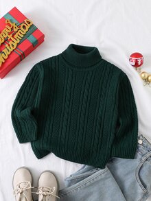 Boys' High Neck Sweater, Autumn/Winter, Vintage Dark Green Cable Knit Thick Sweater. Classic Cable Knit Pattern, Strong Texture, Vintage And Timeless. High Neck Design, Suitable For Layering/Wearing Alone In Autumn/Winter. - Dark Green - View 9