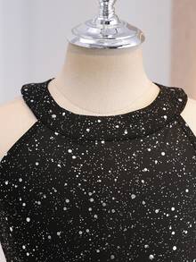 Tween Girl Glitter Print Ruffle Hem Halter Neck Fashion Dress - Black - View 4