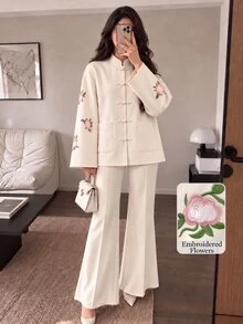 Modelyn New Woven Non-Stretch Wool Blend Long Sleeve Embroidered National Style Elegant Commute Versatile Fashion Korean Style Open Front Women's Wool Cardigan - Apricot - View 5