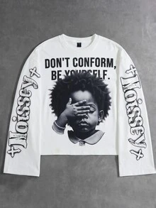 ROMWE MEN Men's Face-Covering Boy Graphic Print Long Sleeve T-Shirt, Autumn Style - White - View 1