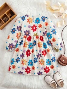 Tween Girl Floral Pattern Bow Decor Round Neck Long Sleeve Cute Dress - Red - View 2