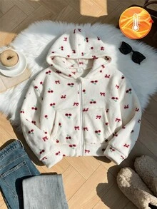 SHEIN 青少年女孩寬鬆休閒極簡舒適日常街頭風連帽修身口袋拉鍊短款長袖衛衣外套 豹紋抓絨 - 彩色 - 查看 6