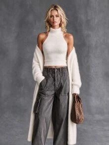 LUMIGAL Women's Solid Color Halter Top And Long Sleeve Cardigan Knit 2 Pieces Set - White - View 1