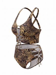 Slaydiva Setelan Baju Renang 2 Potong Wanita Ukuran Besar untuk Musim Panas di Pantai dengan Motif Leopard Seksi, Terdiri dari Tankini dan Bawahan Tankini Segitiga. - MultiWarna - View 3