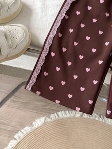 SHEIN 2件組 春/秋季女嬰運動休閒甜美套裝，愛心印花前襟半拉鍊立領長袖運動衫搭配同材質寬鬆休閒寬腿褲，適合日常外出、上學及各種場合 - 棕色 - 查看 8
