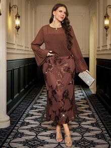 SHEIN Clasi Plus Size Embroidered Cami Dress With Mesh Top 2pcs Set Party Formal Cocktail Brown Elegant - Brown - View 6