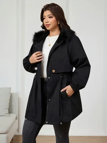 Reflora Plus Size Women's Solid Color Long Sleeve Zip-Up Drawstring Waist Patchwork Fur Hooded Jacket - Black - View 6