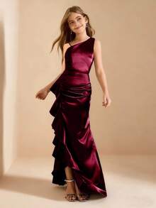 Wedding Season Girls' Solid Color Spaghetti Strap Square Neck Fitted Slit Patchwork Ruffle Hem Long Dress For Ball, Performance, Birthday Party, Banquet, Christmas - Burgundy - View 3