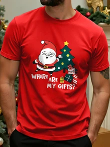 Manfinity Homme 男士趣味聖誕 T-shirt「Where Is My Gift」聖誕老人印花短袖節日派對上衣，聖誕禮物 - 紅色 - 查看 4