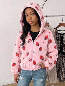 SHEIN Tween Girl Thermal Lined Tween Girl Thick Bow Hooded Zip-Up Jacket Fall/Winter - Pink - View 7