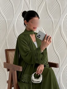Yasmyna Olive Green Wavy Lace Patchwork Headscarf Long Sleeve Women's Abaya Fall/Winter Going Out - Olive Green - View 7