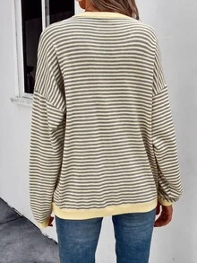 SHEIN LUNE 條紋圖案對比滾邊落肩毛衣 - 黃色 - 查看 2