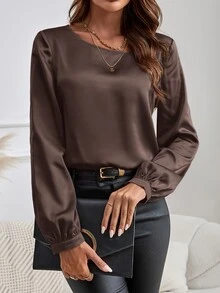 EMERY ROSE 女款優雅通勤風圓領長袖襯衫 - 棕色 - 查看 1