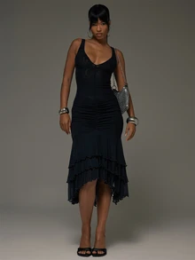 MUSERA Black Mesh Ruffle Floaty Hem Plunge Midi Dress Fall Autumn Winter Sexy Going Out Halloween Instinct - Black - View 1