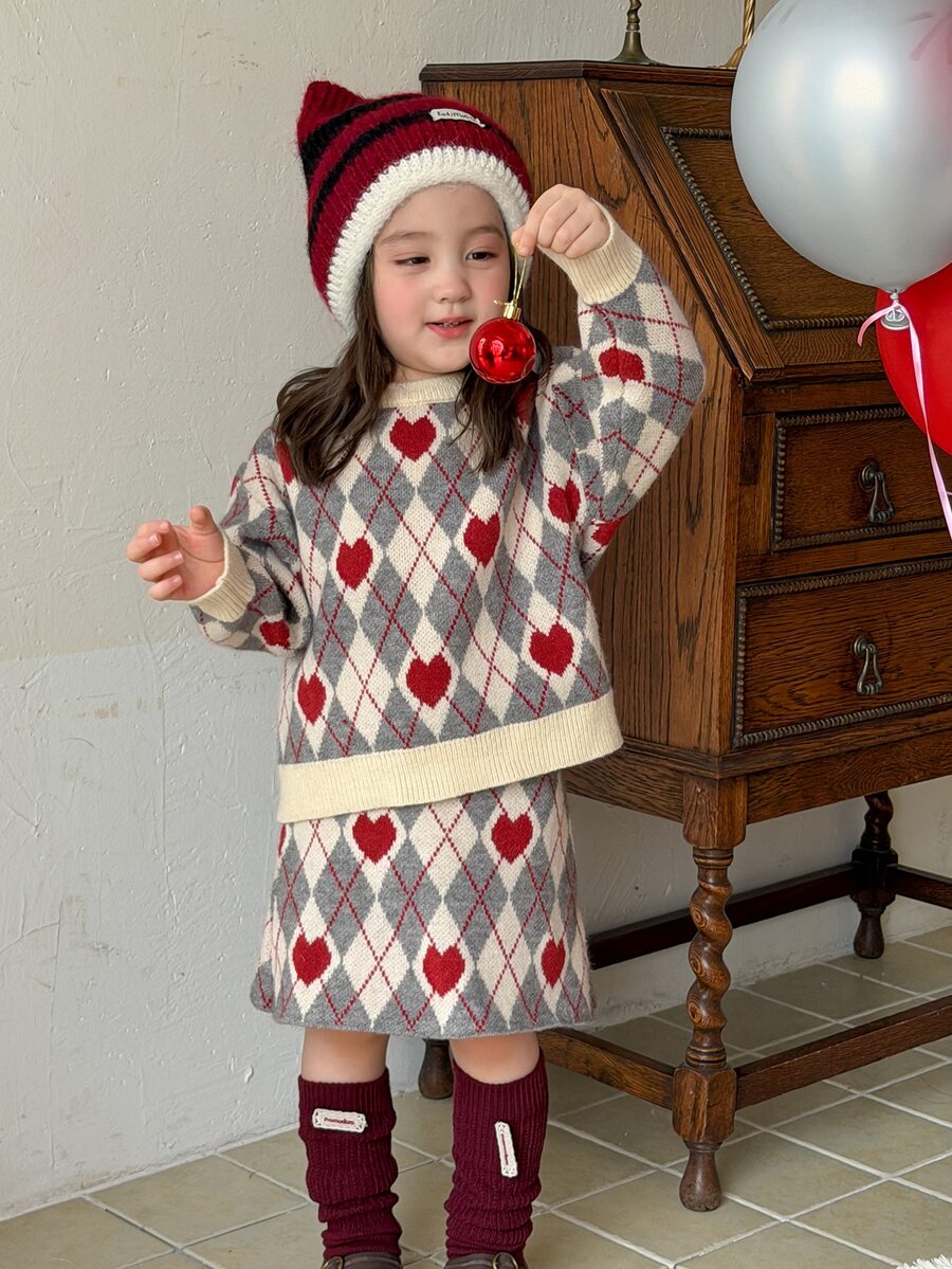DAZY Infant (Girl) Round Neck Diamond Pattern Long Sleeve 2 Pieces Sweater Set - Apricot - View 1