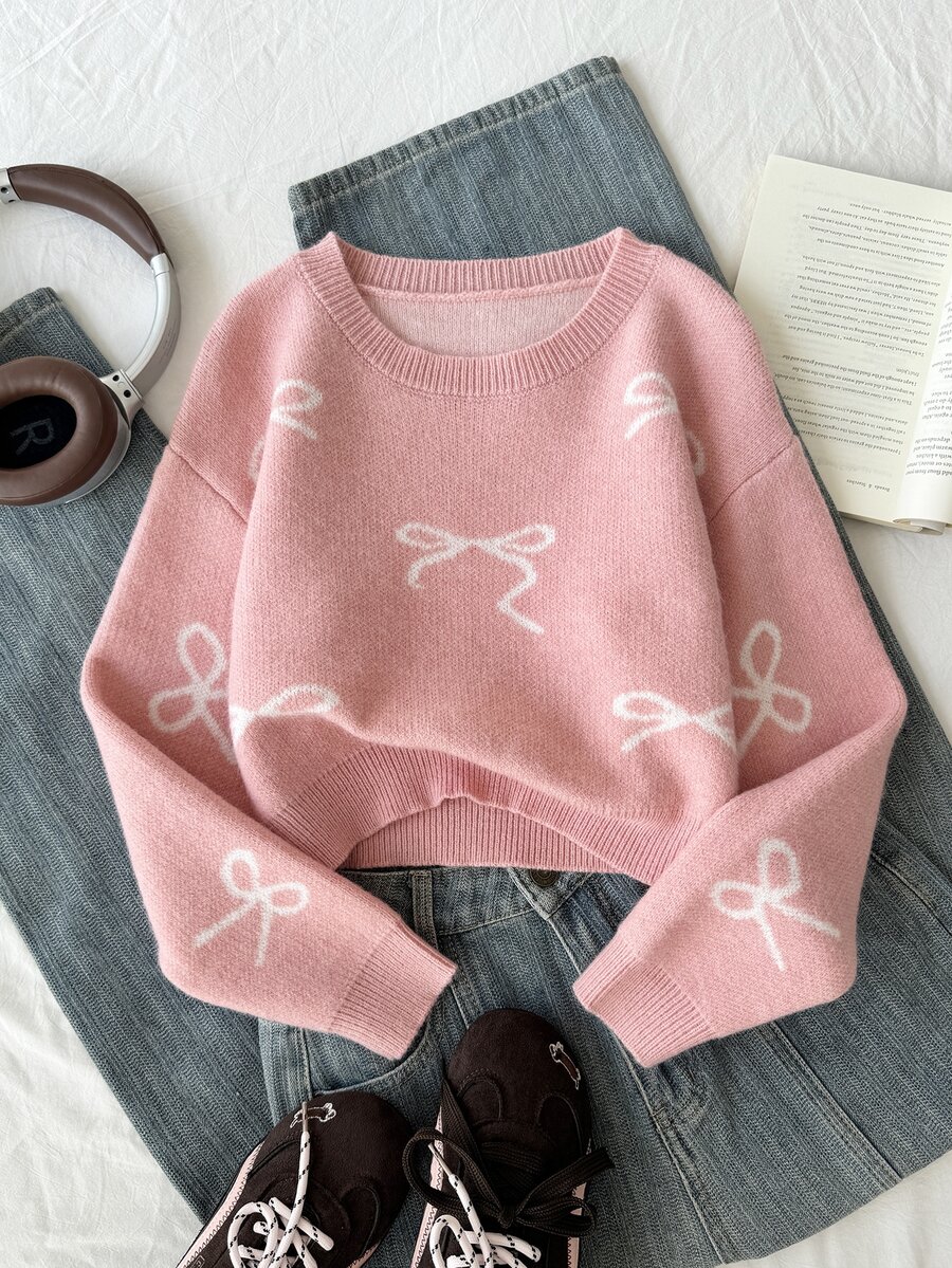 SHEIN 少女杏色粗針織毛衣,秋冬款,蝴蝶結提花圓領套頭衫,落肩長袖,適合秋季單穿,冬季可搭配大衣/棉襖疊穿,面料柔軟舒適 - 粉色 - 查看 1