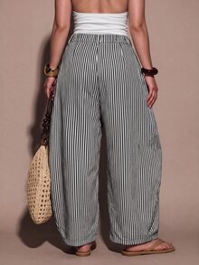 SHEIN BAE CURVE 大尺碼女款休閒波西米亞度假風黑白格紋紋理條紋寬鬆拼接長褲，適合外出、日常、萬聖節 - 黑色 - 查看 4