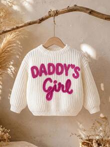 SHEIN Baby Girl Contrast Color Embroidered Letter Pattern Drop Shoulder Thick Textured Pullover Sweater Suitable For Winter - Beige - View 4