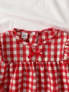 Vintaside Kids 2pcs/Set Girls Classic Plaid Top With Lantern Puff Sleeves And Blue Wide Leg Denim Jeans, Spring/Autumn - Red - View 7