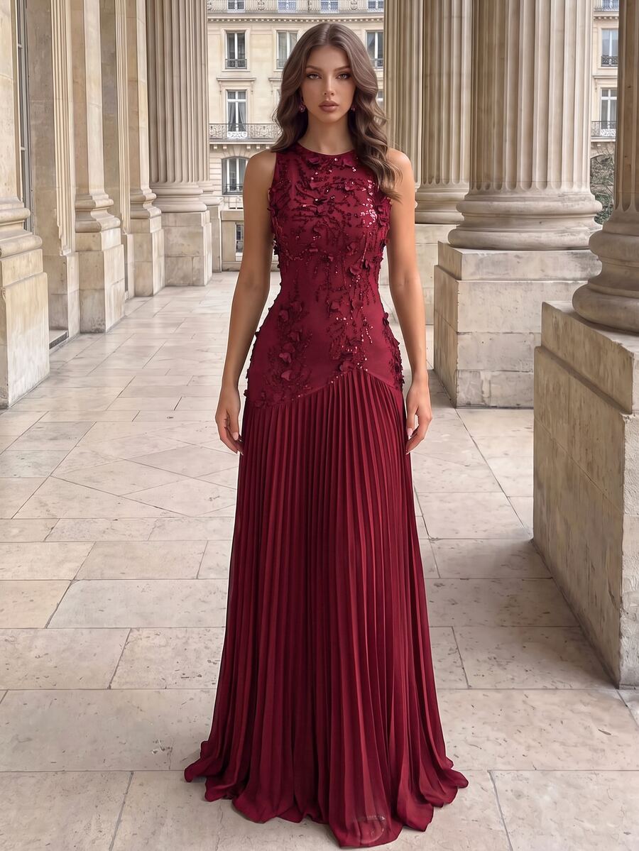 Poshira High-End Evening Gown With Premium 3D Embroidery, Elegant Pleated Hem, Sleeveless Luxury Dress - Burgundy - View 1