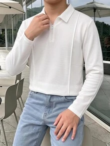 SHEIN 兒童青少年男孩牛仔效果印花長袖 Polo 衫，適合通勤、上學、日常休閒、校園、旅行、運動，秋冬款 - 黑色 - 查看 4