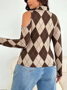 Shapeblank Casual Minimalist Slim Fit Cold Shoulder Plus Size High Neck Plaid Print T-Shirt Autumn/Winter - Multicolor - View 2