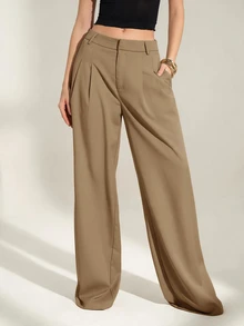 SHEIN Tall 女款 Old Money 風格高腰百褶寬腿褲，黑色冬季端莊商務休閒辦公穿搭，優雅純色寬鬆修身西裝長褲 - 卡其色 - 查看 6