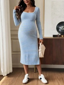 SHEIN Maternity Striped Square Neck Long Sleeve Side Slit Hem Casual Dress Fall - Blue and White - View 8