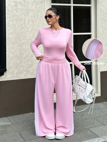 Muchica Plus-Size 2 Pieces Casual Sportswear Set: Pink Long-Sleeve Crew-Neck Top And Loose Pants With Side Stripes (Autumn Style) - Pink - View 3