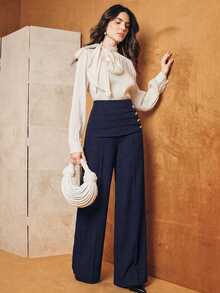 Anewsta Spring/Autumn Elegant High Waist Pleated Waistband Side Button Straight Leg Dress Pants, Suitable For Commute, Daily And Date - Navy Blue - View 5