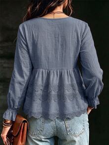 SHEIN Flounce Sleeve Contrast Lace Peplum Blouse - Dusty Blue - View 2