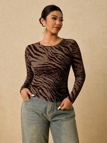 Travachic Plus Size Korean Style Zebra Print Long Sleeve T-Shirt - Multicolor - View 1