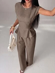 SHEIN PETITE Women's Solid Color Pleated Top And Pants Casual Daily 2 Pieces Set - Coffee Brown - View 3