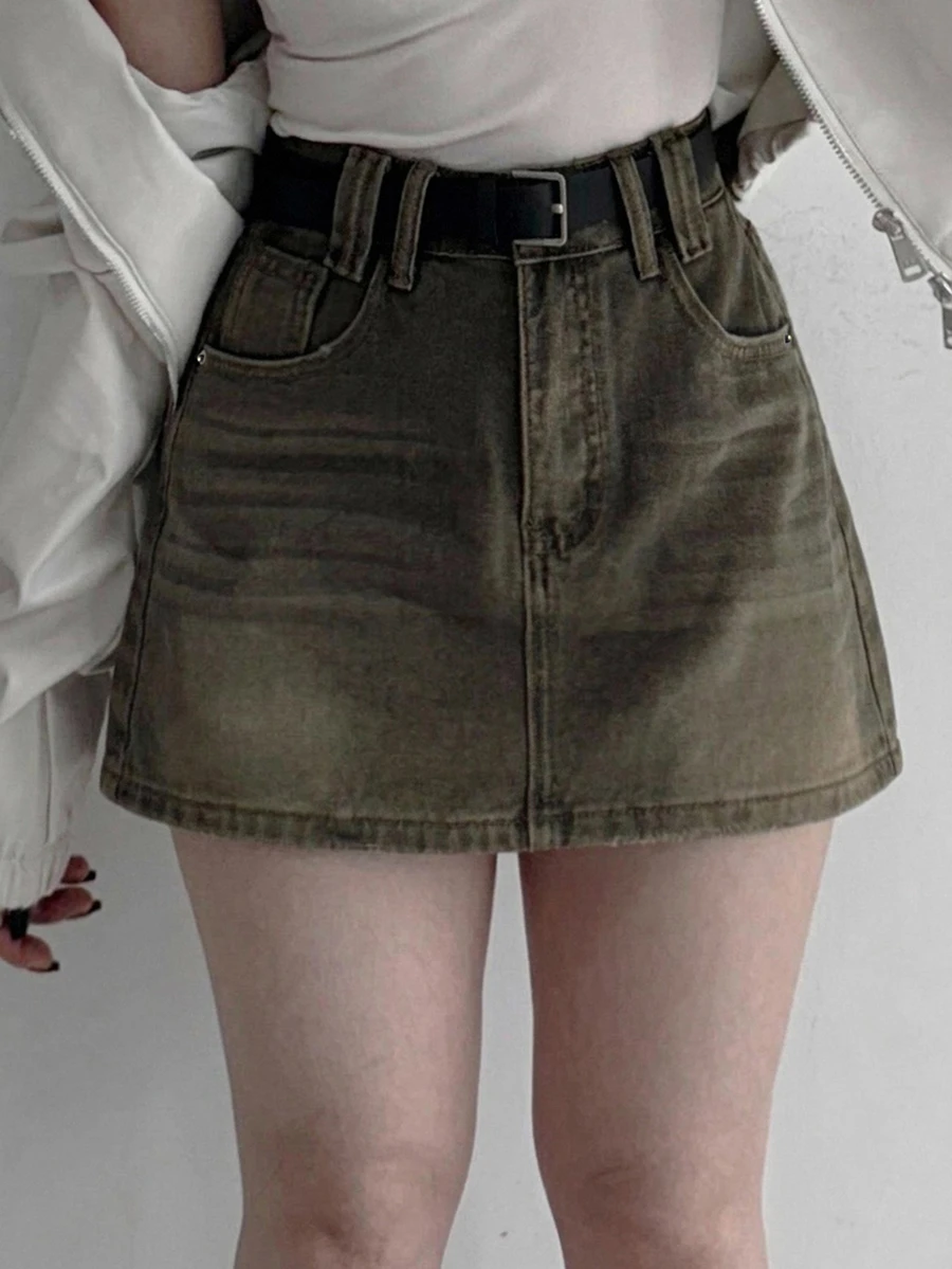 Dazy Plus Rok Denim Retro Amerika Wanita Baru Model A-Line Pinggang Tinggi dengan Efek Usang - Khaki - View 1