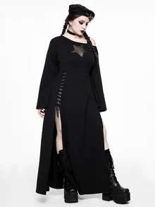 ROMWE Grunge Punk Plus Size Y2K Punk Star Hollow Design Sexy Asymmetrical Shoulder Bell Sleeve High Slit Dress - Black - View 5