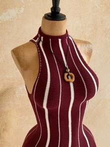 Soleia Women's Colorblock Casual Daily Knit Halter Neck Dress - Multicolor - View 5