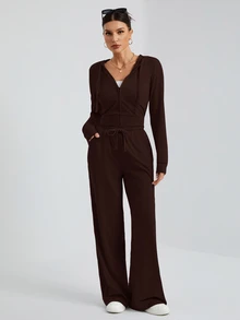 SHEIN Tall 休閒街頭風灰色連帽前中拉鍊修身上衣 + 寬腿長褲兩件套，適合高個女性 - 咖啡棕 - 查看 7