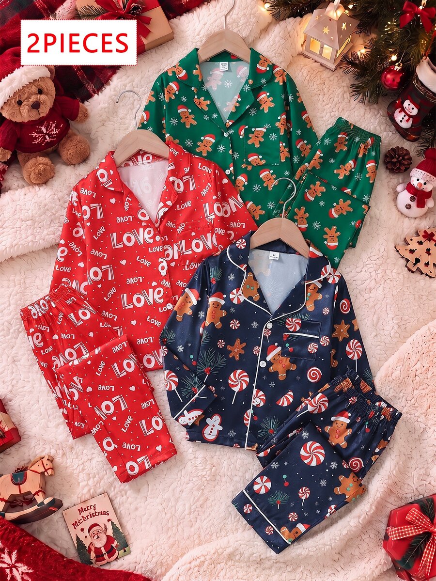 Young Boy Autumn/Winter Pajamas 2pcs Gingerbread Man Satin Long Sleeve Pants Lapel Print Christmas Blue Flame Resistant - Navy Blue - View 1