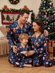Young Boy Autumn/Winter Pajamas 2pcs Gingerbread Man Satin Long Sleeve Pants Lapel Print Christmas Blue Flame Resistant - Navy Blue - View 2