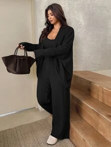 SHEIN Frenchy 大尺碼女款純色蝙蝠袖長袖開襟衫、背心與長褲休閒套裝 秋季 - 黑色 - 查看 5