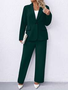 Elenzga Plus Size Solid Color Formal Suit Jacket & Pants Set - Green - View 5