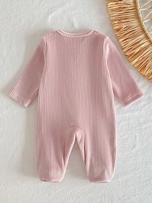秋冬新生兒保暖內裡加厚絨毛可愛熊刺繡柔軟舒適粉色條紋長袖連身連腳家居服 - 粉色 - 查看 3