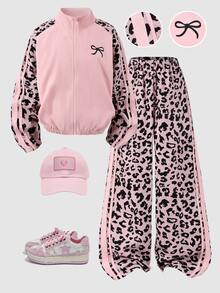 SHEIN Tween Girls Leopard Print 2 Pieces Outfit, Fall Style Pink Colorblock Zip Jacket & Wide Leg Sweatpants Set, Casual Tracksuit - Pink - View 6