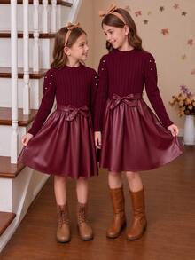 SHEIN Tween Girls Fall Winter Elegant Cute Patchwork Dress, Pearl Beaded Puff Long Sleeve Knit Top Bow Belted A-Line For Thanksgiving Party Formal - Burgundy - View 3