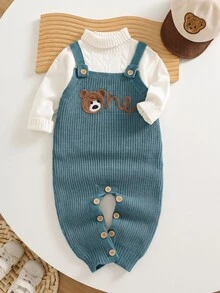 SHEIN 新生兒男嬰女嬰秋冬裝 卡其色針織連身衣 熊圖案手工刺繡吊帶褲毛衣，舒適時尚日常可愛復古經典百搭極簡百搭 - 綠色 - 查看 3