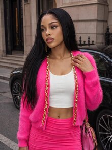 BamGleam Autumn/Winter Fashion Faux Mink Chain Cardigan Sweater - Hot Pink - View 5